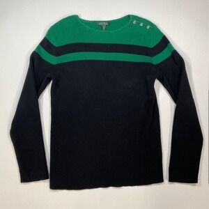 LAUREN Ralph Lauren Black Green Striped Ribbed‎ Knit Button Shoulder Sweater XL